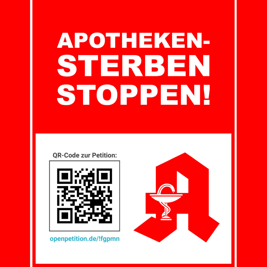 Aufruf „Apotheken-Sterben stoppen!“ mit rotem Apotheken-Logo, QR-Code und Link zu einer Online-Petition bei openPetition