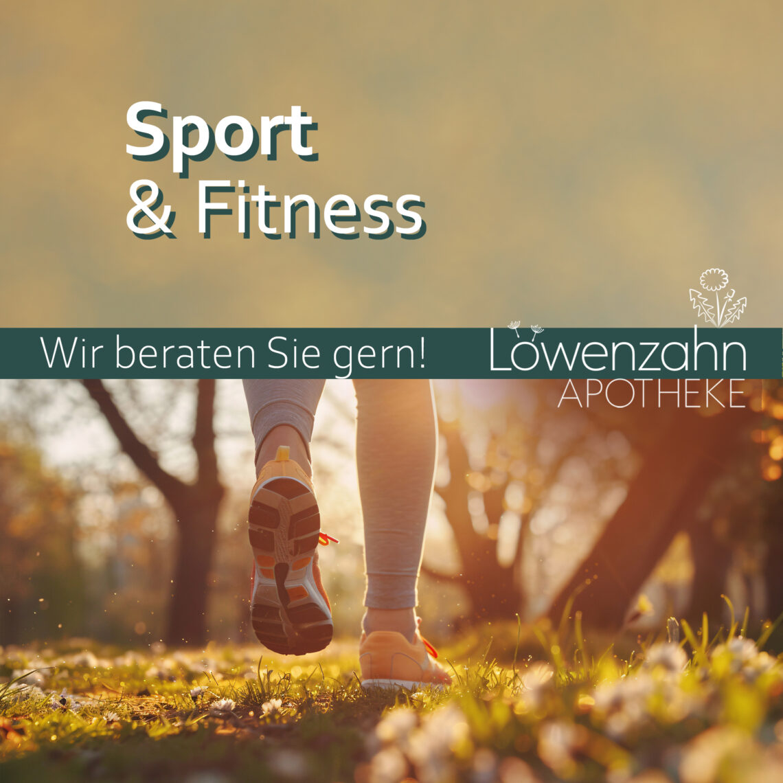 Grafische Werbegrafik der Löwenzahn-Apotheke zum Thema „Sport & Fitness“. Im Hintergrund läuft eine Person in Sportschuhen auf einer Wiese im Gegenlicht der Sonne.