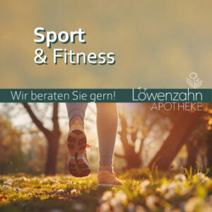 Grafische Werbegrafik der Löwenzahn-Apotheke zum Thema „Sport & Fitness“. Im Hintergrund läuft eine Person in Sportschuhen auf einer Wiese im Gegenlicht der Sonne.