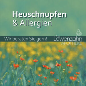 Werbegrafik der Löwenzahn Apotheke zum Thema Heuschnupfen & Allergien mit einer blühenden Sommerwiese im Hintergrund