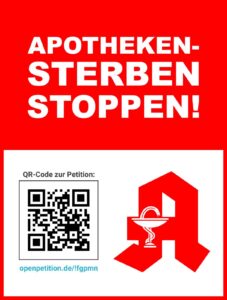 In Großbuchstaben steht Apothekensterben stoppen. Das Apotheken-A ist rechts neben einem QR-Code abgebildet.